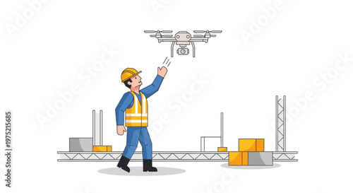 Industrial Worker Using Drone for Warehouse Logistics and Site Inspection Vector Illustration