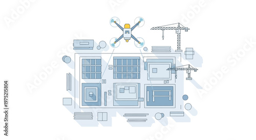 Modern Drone Technology Monitoring Construction Site with Cranes and Building Blueprints Flat Vector Illustration