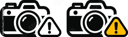 警告マーク付きカメラアイコン｜撮影エラー・注意・トラブルを表すUI素材 Camera Warning Icon – Photo Error Alert and Caution Symbol
