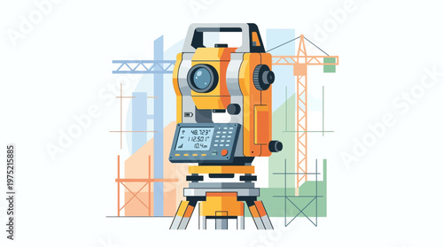 Digital Total Station Surveying Instrument Flat Vector Illustration on Construction Site Background