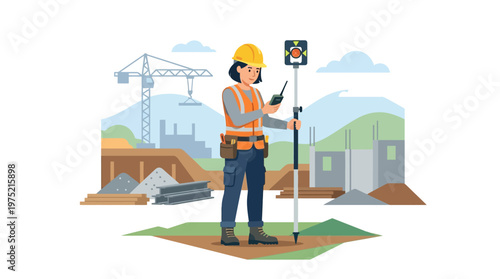 Female Civil Engineer Surveyor with Hard Hat and Geodetic Equipment at Construction Site Vector Illustration