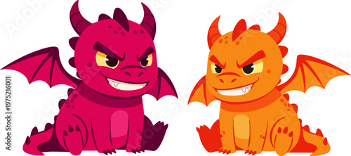 Cute baby dragon characters with angry expressions, red and orange mythical creature vector set, grumpy little monsters for gaming and children design