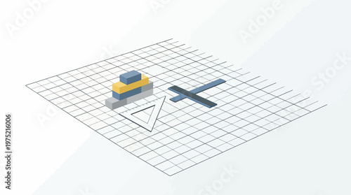 Isometric 3D Illustration of Building Blocks and Drafting Tools on a Grid for Architectural Planning and Project Development Concept