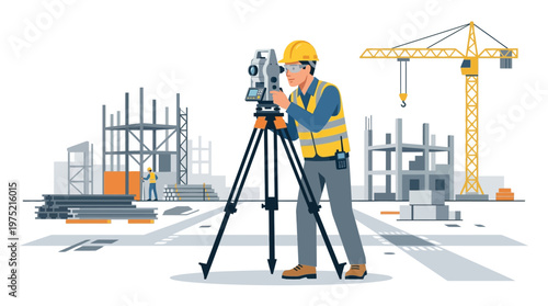 Land Surveyor Professional Using Total Station Theodolite at Construction Site Vector Illustration. Civil Engineer Measuring Land for Architecture and Building Projects.