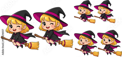 Cute little witch flying on broomstick vector set, cartoon blonde girl in purple halloween costume, adorable winking sorceress character collection