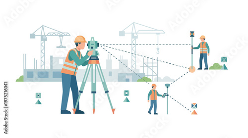 Land Surveyors Working on a Construction Site Vector Illustration of Civil Engineers Using Professional Geodetic Equipment for Mapping and Development