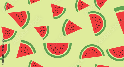 Watermelon seamless pattern vector, summer fruit slices background with red pulp and green rind, flat illustrative food wallpaper for textile design