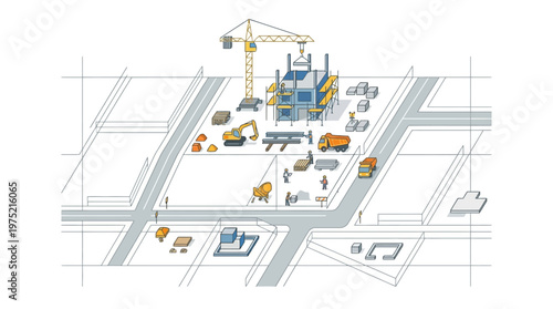 Isometric Construction Site Illustration with Tower Crane, Workers, and Building Under Development