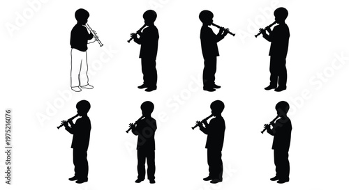 Silhouettes of children playing flutes and clarinets in a musical ensemble