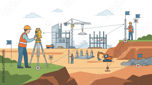 Professional Land Surveyor Using Total Station at Construction Site Illustration