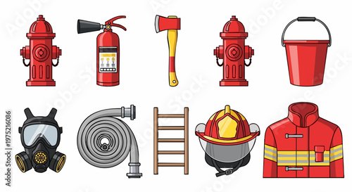 Firefighter equipment vector set, 10 firefighting icons including fire extinguisher and hydrant, emergency rescue tools and safety gear collection
