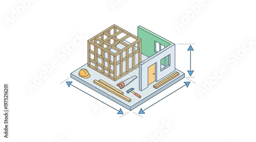 Isometric House Construction Site with Timber Frame, Carpentry Tools and Dimension Lines