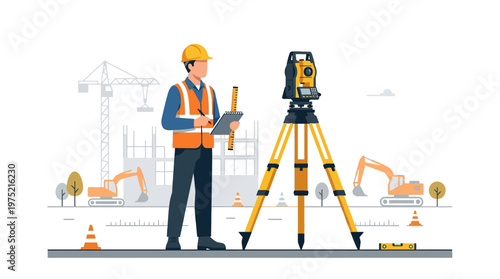 Surveyor Civil Engineer at Construction Site with Total Station Theodolite and Heavy Machinery Vector Illustration