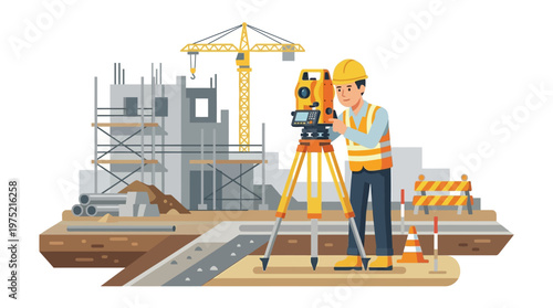 Professional Land Surveyor Using Total Station at Construction Site Flat Vector Illustration