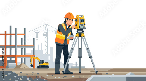 Land Surveyor Using Total Station Theodolite at Construction Site, Civil Engineering and Architecture Vector Illustration