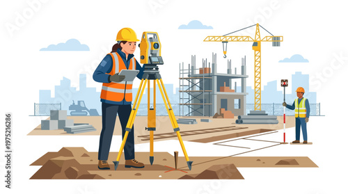 Female Land Surveyor and Assistant Working at Construction Site with Total Station and Digital Tablet. Professional Vector Illustration for Engineering and Architecture.