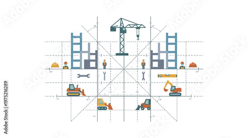 Construction Site Development Plan Illustration with Crane, Excavators, and Workers in Flat Design Style