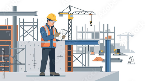 Construction Engineer Inspecting Building Site with Notebook, Professional Foreman in Safety Gear Vector Illustration