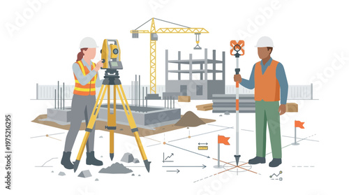 Surveyors Using Total Station and Prism Pole at Construction Site Vector Illustration
