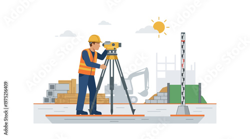 Land Surveyor Using Theodolite Total Station on Construction Site Vector Illustration