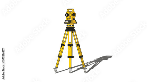Yellow Geodetic Total Station on Tripod Isolated on White Background for Land Surveying, Civil Engineering, and Construction Site Layout Projects