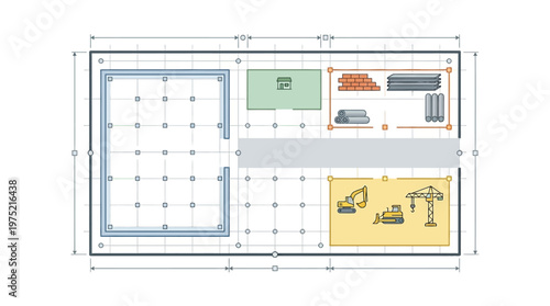 Construction Site Layout and Architectural Plot Plan with Foundation Grid, Heavy Machinery Icons, and Building Material Storage Areas