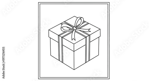 Gift Box with Ribbon Bow - Black and White Line Art Illustration