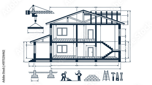 House Construction Architectural Blueprint and Schematic Cross-Section with Building Tools, Workers, and Crane Icons on White Background