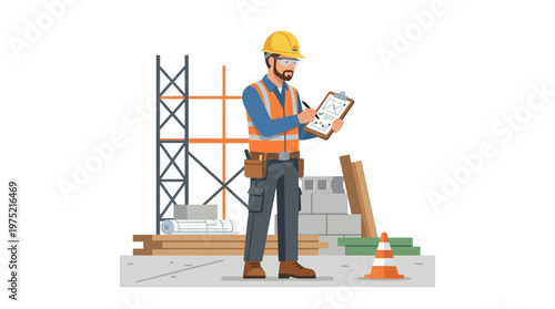 Construction Site Manager in Safety Gear Writing on Clipboard at Building Project - Flat Vector Illustration of Civil Engineer or Contractor Inspecting Work Progress