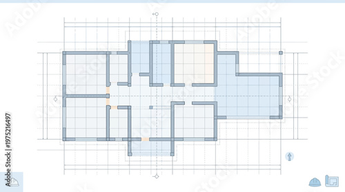 Architectural Floor Plan Blueprint for Residential Building Project, Technical House Construction Drawing with Grid Lines and Dimensions