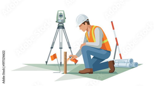 Professional Land Surveyor Working on Construction Site with Total Station, Tripod, and Blueprints, Flat Vector Illustration for Engineering and Land Development