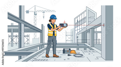 Female Construction Worker Using Laser Distance Meter on Building Site Illustration - Civil Engineer Surveying Measurement Tool in Modern Urban Architecture Project