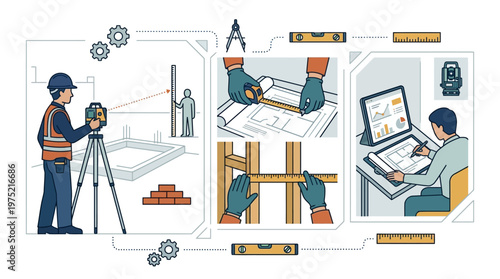 Construction Surveying and Architectural Engineering Planning Process Illustration with Surveyor, Architect, Blueprints, and Precision Measurement Tools