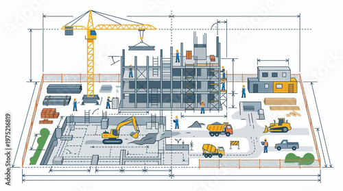 Construction Site Technical Blueprint Illustration with Building Workers and Heavy Machinery