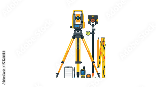 Professional Land Surveying Equipment Set Illustration with Total Station, Tripod, and Geodetic Tools for Construction and Civil Engineering