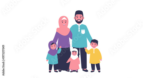 Happy Muslim Family Portrait: Parents with Three Children, Islamic Culture, Unity