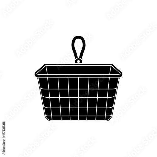Simple, minimalist illustration of a black wire basket with a handle hanging from a hook, suitable for various storage and organization purposes