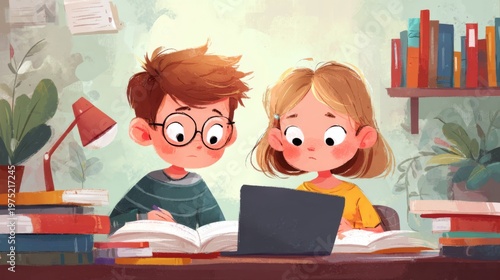 Two Young Students Focused on Study Together at a Desk Surrounded by Books and a Laptop in a Cozy Room