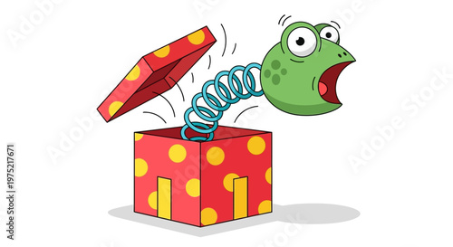 Cartoon frog jack-in-the-box toy jumping out of a red polka dot box on a white background