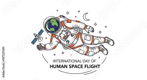 Astronaut floating in space with Earth helmet and satellite