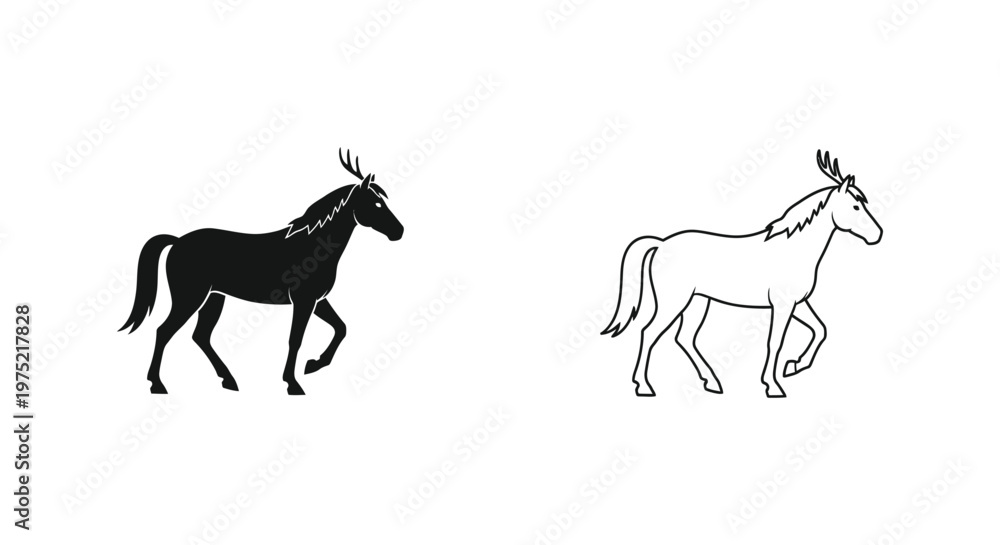 Fototapeta premium Ancient Horse Breeds: Donkey vs Wild Mare Illustration Vector