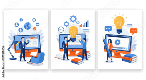 Online education, home schooling student gets new knowledge and ideas, e-learning design over background. E-learning set flat vector modern illustration