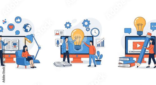 Online education, home schooling student gets new knowledge and ideas, e-learning design over background. E-learning set flat vector modern illustration