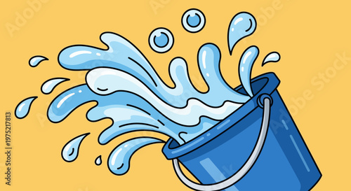 Blue bucket spilling water in cartoon style