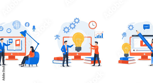 Online education, home schooling student gets new knowledge and ideas, e-learning design over background. E-learning set flat vector modern illustration