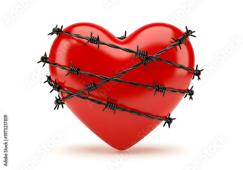 A red heart intricately wrapped with barbed wire symbolizing love and pain intertwined isolated on white background