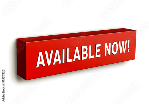 Bright red rectangular banner displaying available now text isolated on white background