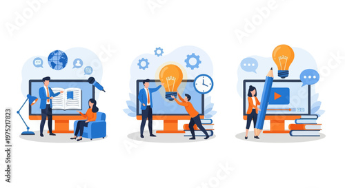 Online education, home schooling student gets new knowledge and ideas, e-learning design over background. E-learning set flat vector modern illustration