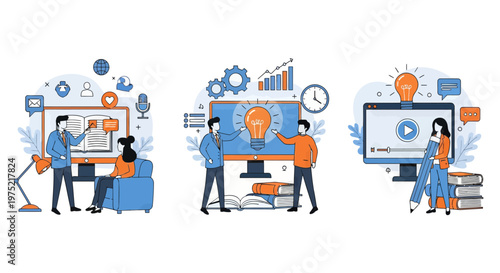 Online education, home schooling student gets new knowledge and ideas, e-learning design over background. E-learning set flat vector modern illustration