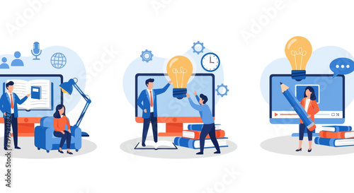 Online education, home schooling student gets new knowledge and ideas, e-learning design over background. E-learning set flat vector modern illustration